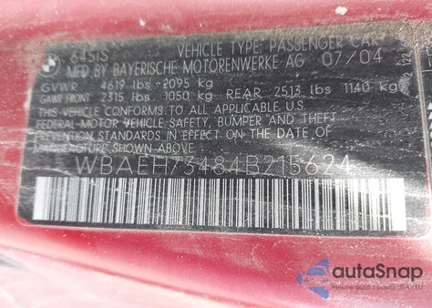 2004 BMW 645Ci z USA, uszkodzony, nr VIN WBAEH73484B215624